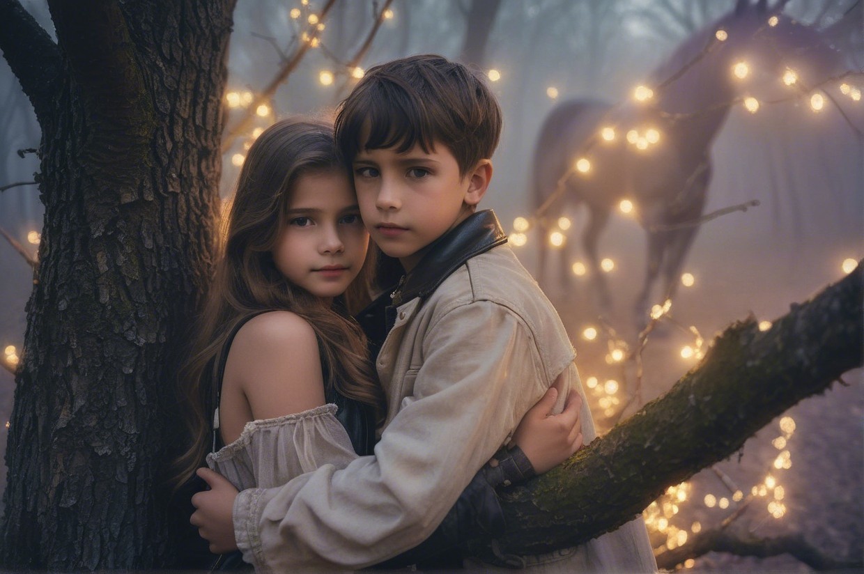 Children in a misty forest with glowing fairy lights