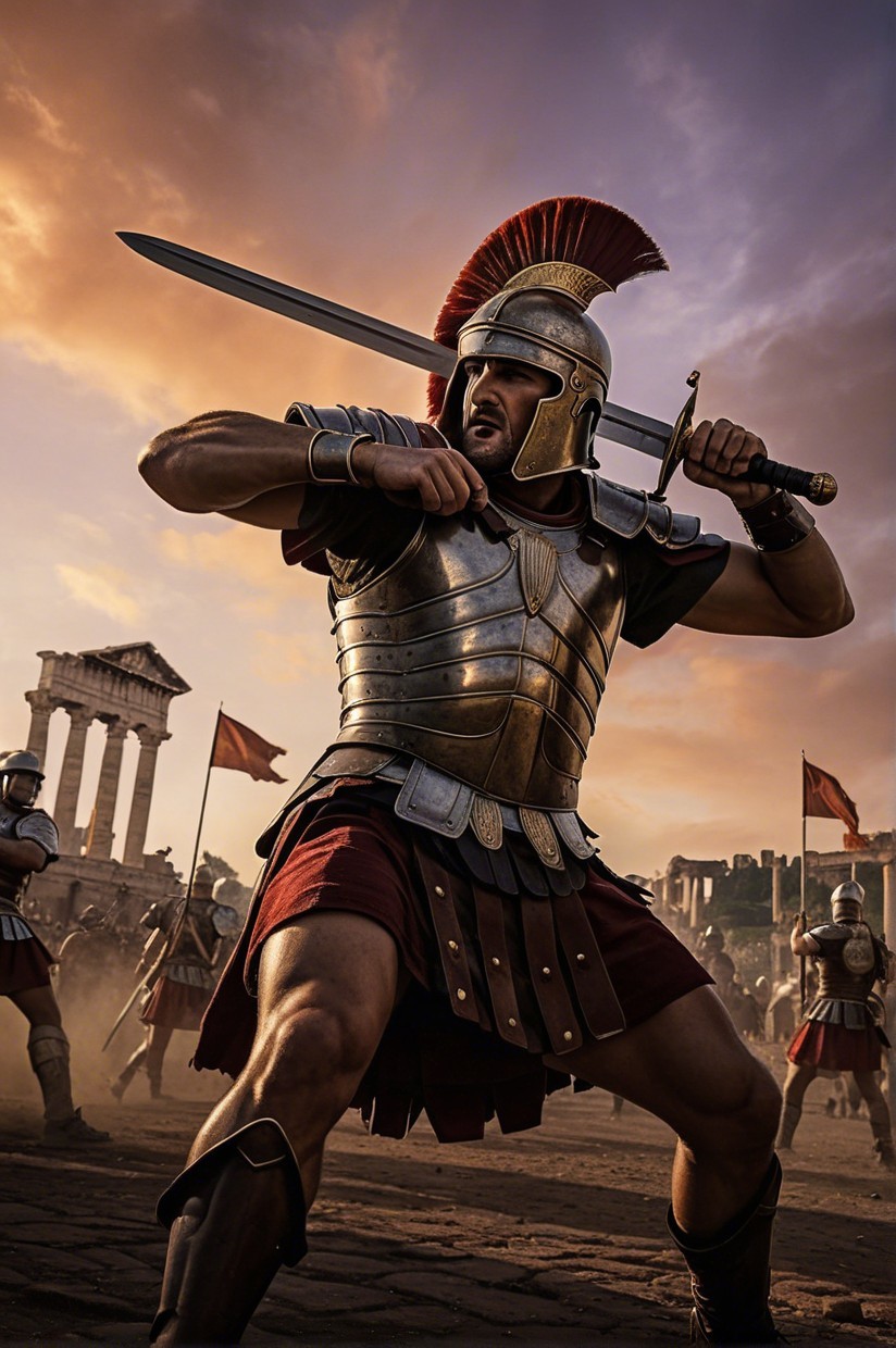 Roman Soldier in Ornate Armor Amidst Ancient Warfare