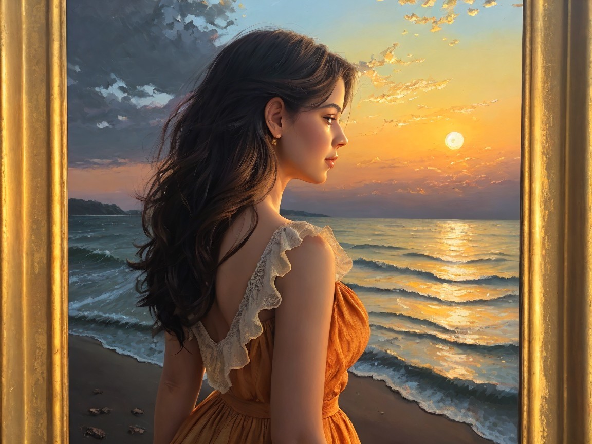 Young Woman by Ocean View at Sunset in Golden Frame