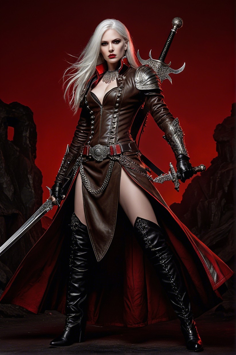 Fierce Warrior in Dark Leather Outfit with Sword and Dagger