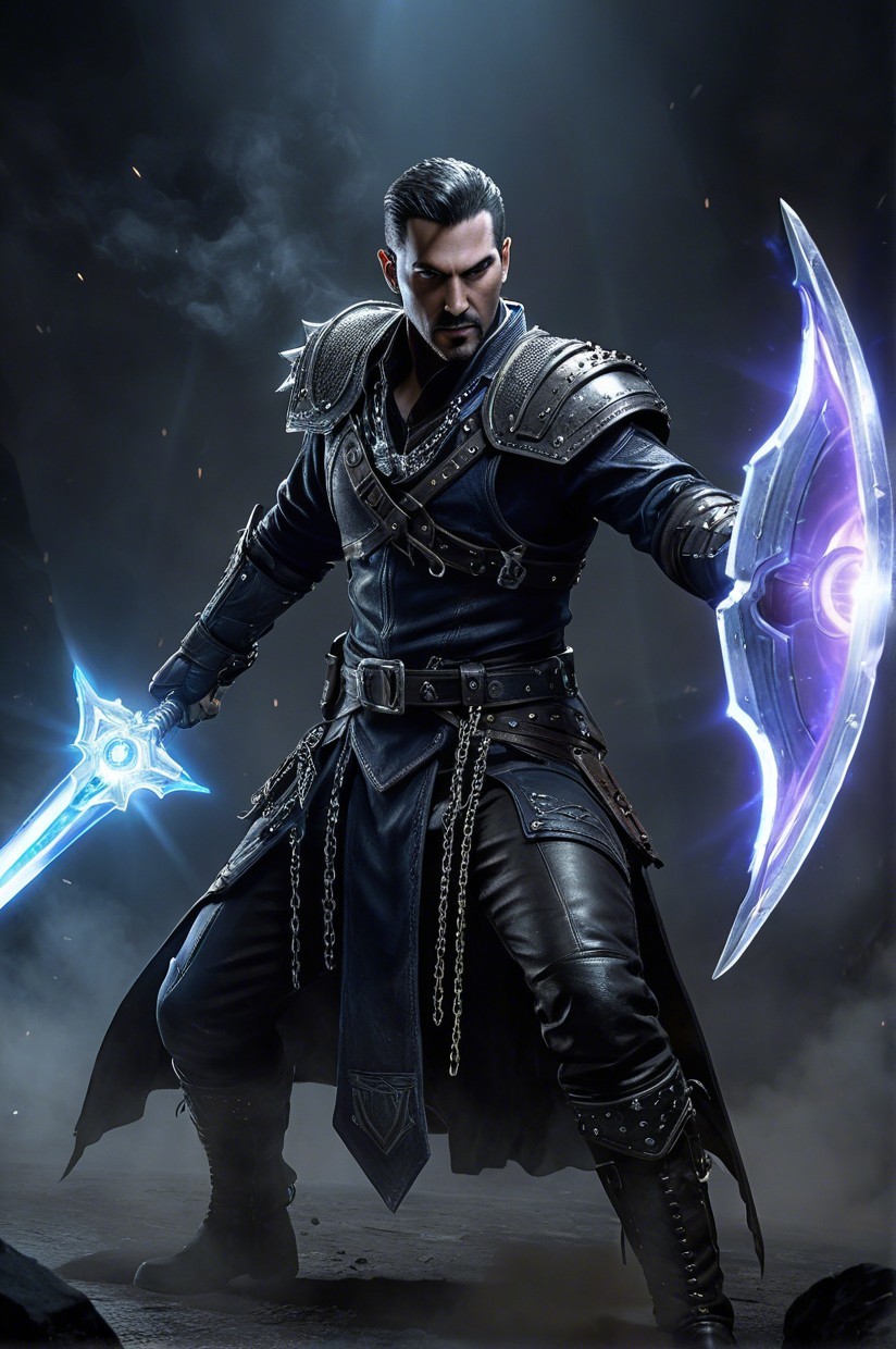 Fierce warrior in dark armor with glowing blades