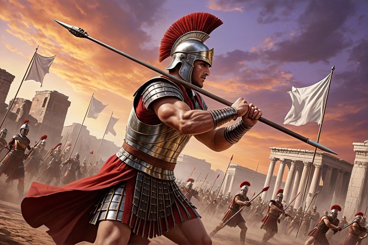 Muscular Warrior in Bronze Armor with Soldiers at Sunset