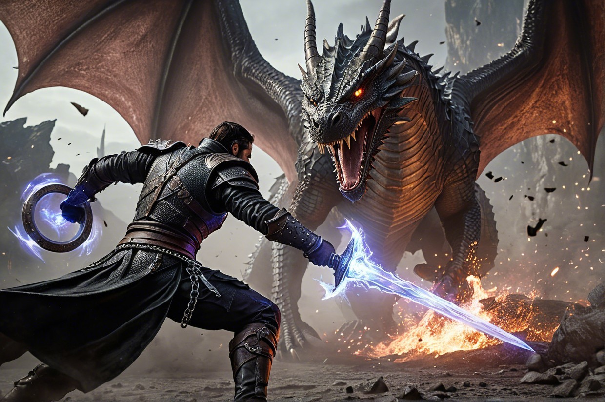 Heroic Battle Scene with Dragon and Warrior