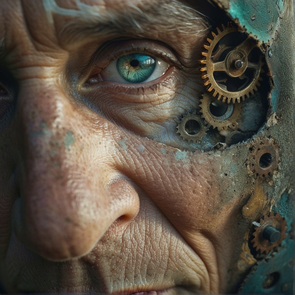 Elderly Man's Face with Mechanical Components Revealed