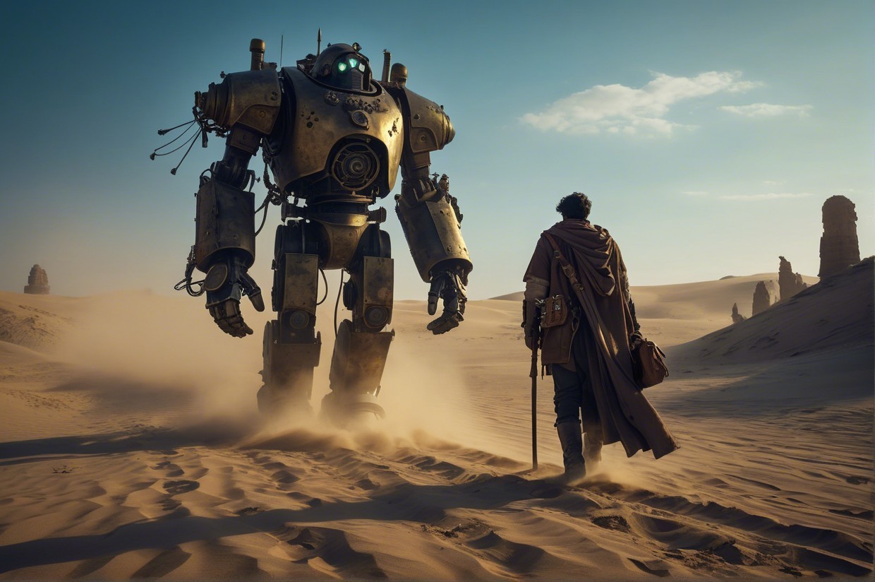 Lone Figure and Ancient Robot in Desert Landscape