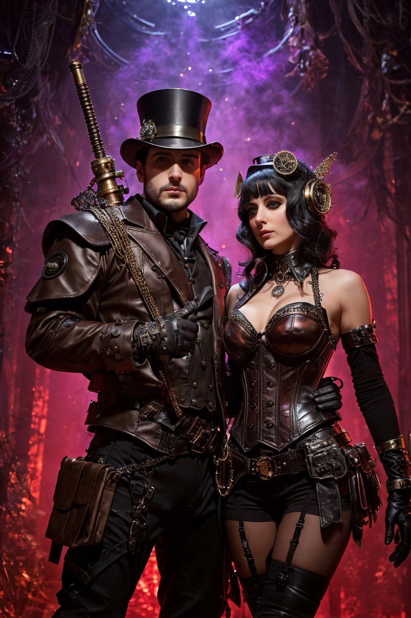 Steampunk Couple in Dramatic Adventure Setting