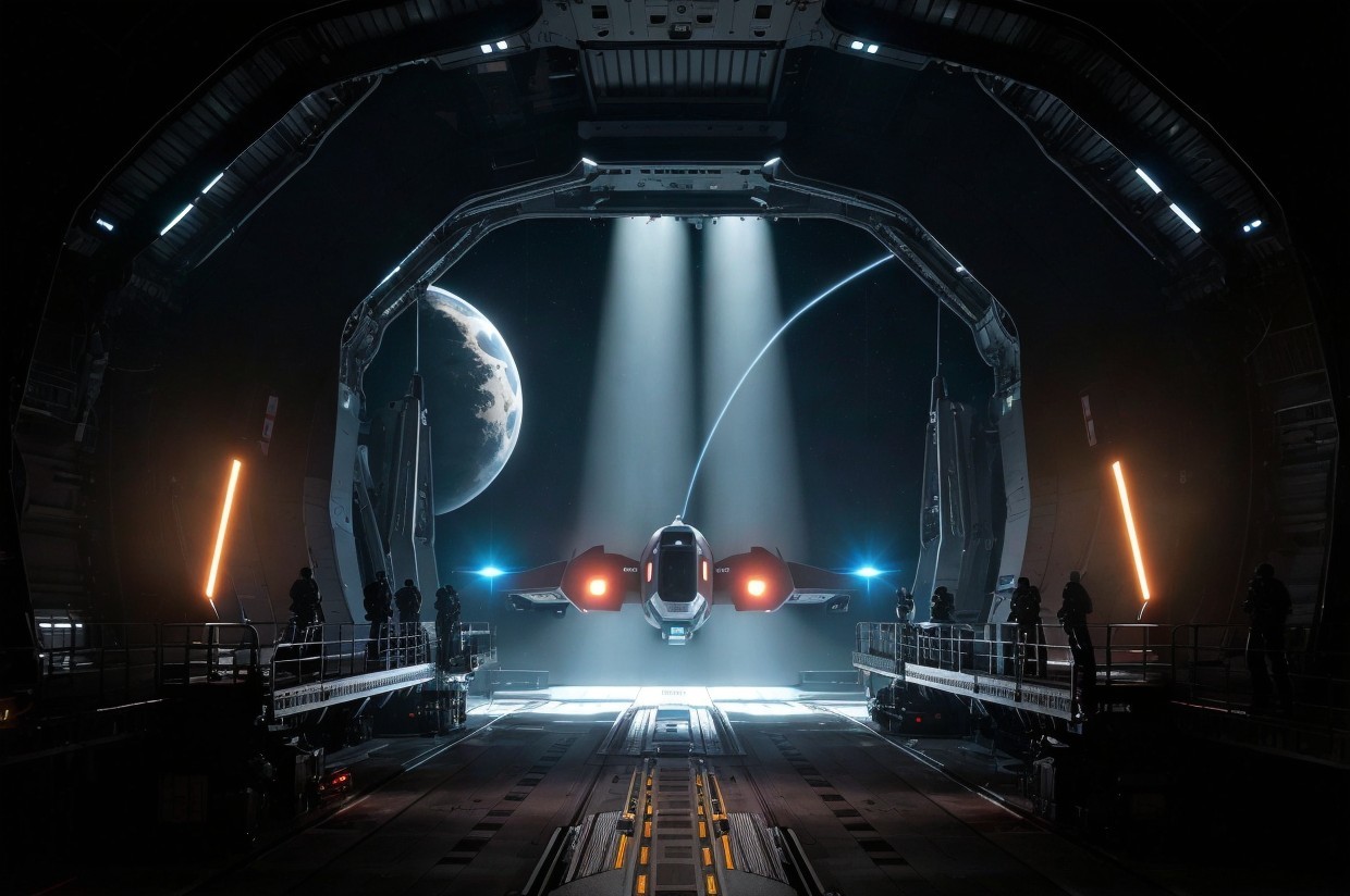 Futuristic Hangar with Sleek Spacecraft and Planet View