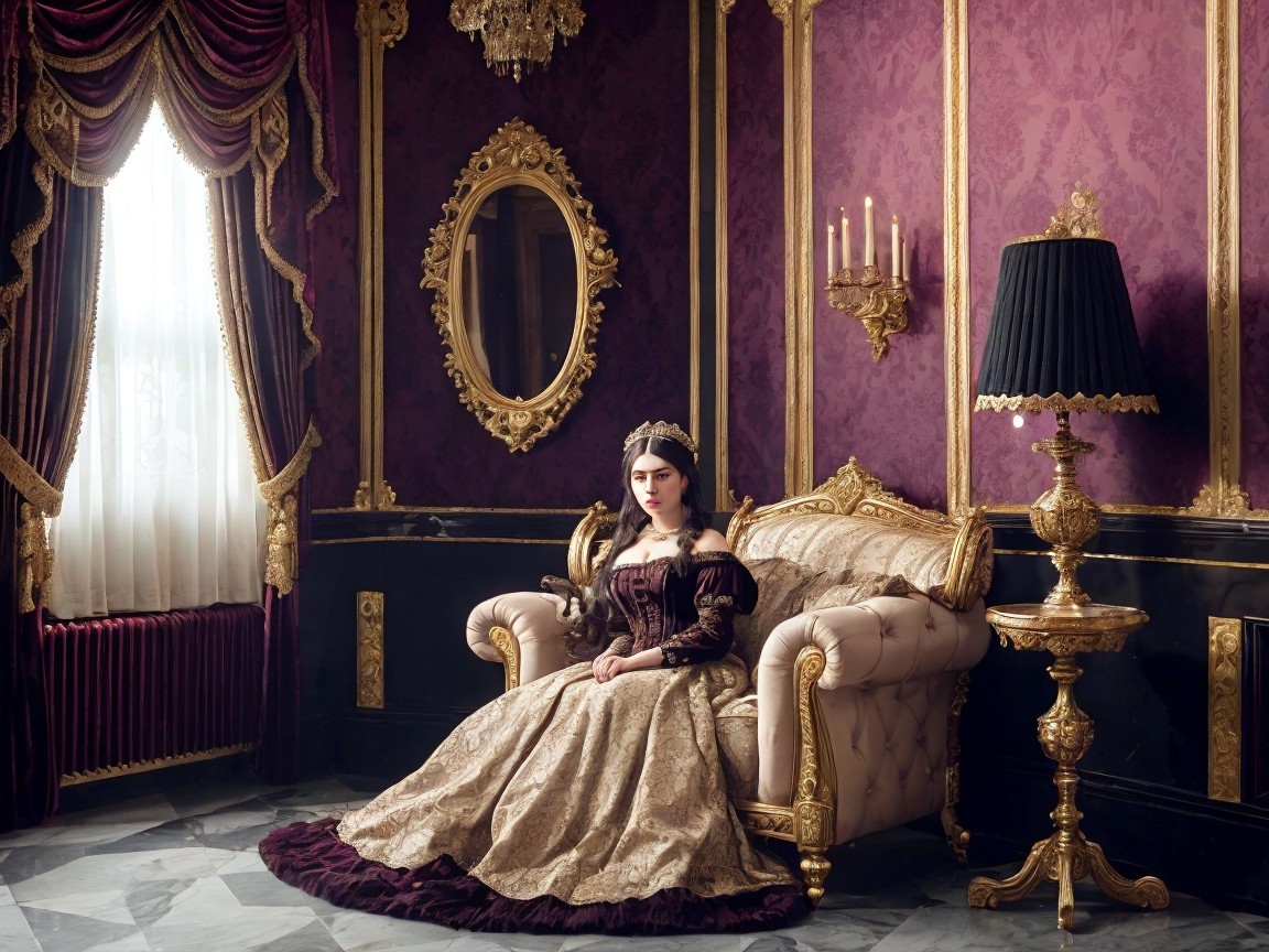 Elegant woman in ornate gown in richly decorated room