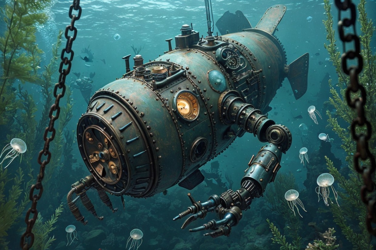 Steampunk Submarine in Vibrant Underwater Landscape