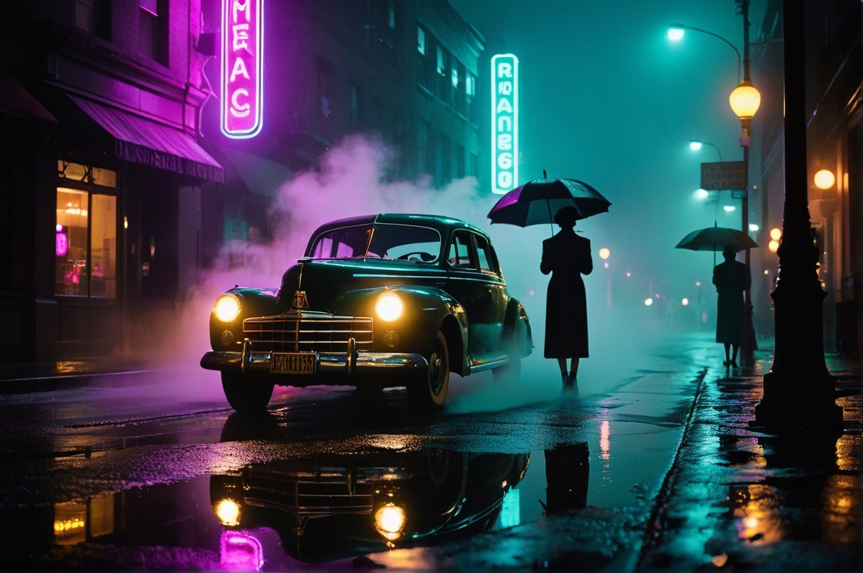 Vintage Car in Neon Lights on Foggy Street Scene