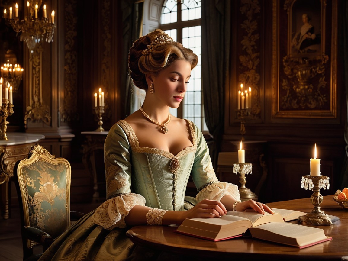 Elegant Woman in Pastel Gown in Candlelit Room