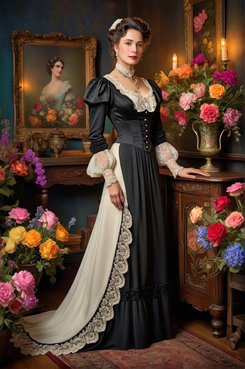 Woman in Antique Gown Beside Adorned Wooden Cabinet