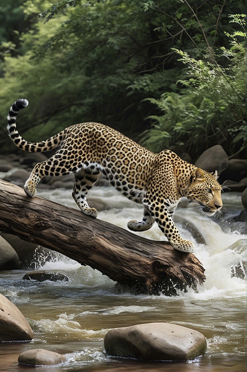 Leopard Walking on Log Over Rushing Stream