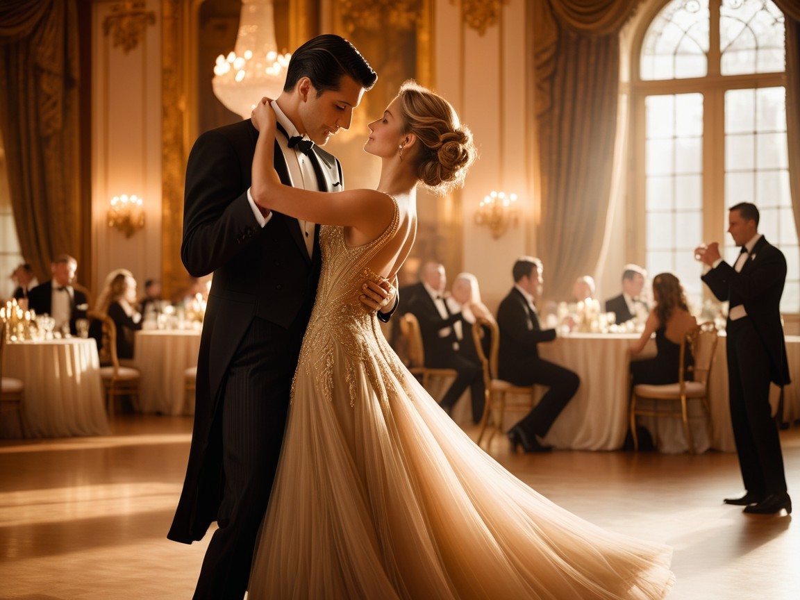 Elegant Ballroom Dance Scene with Guests Dining