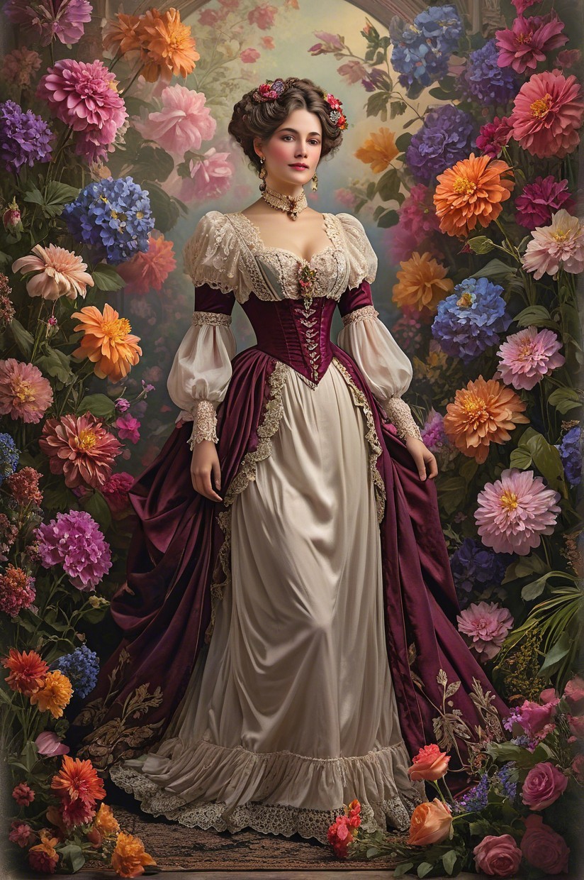 Victorian Dress Amidst Colorful Flower Backdrop