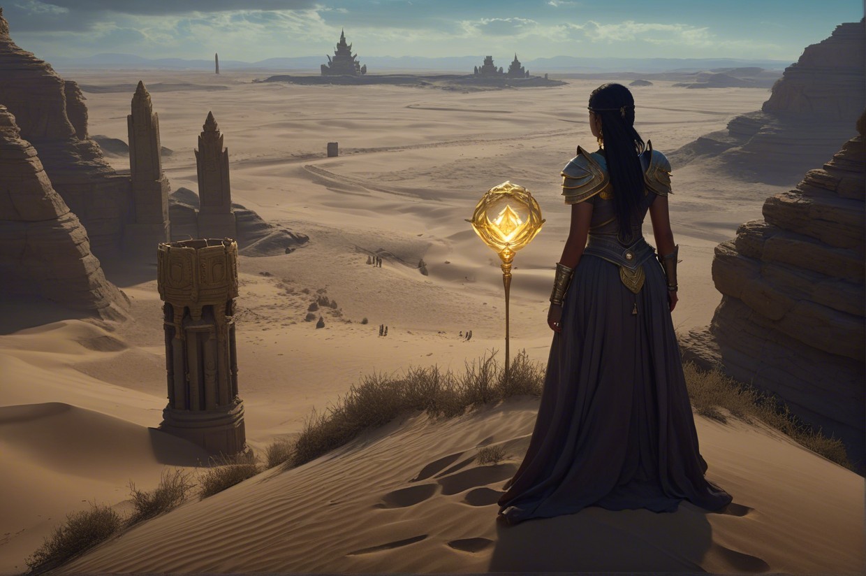 Lone Figure in Armor on Desert Dune with Structures