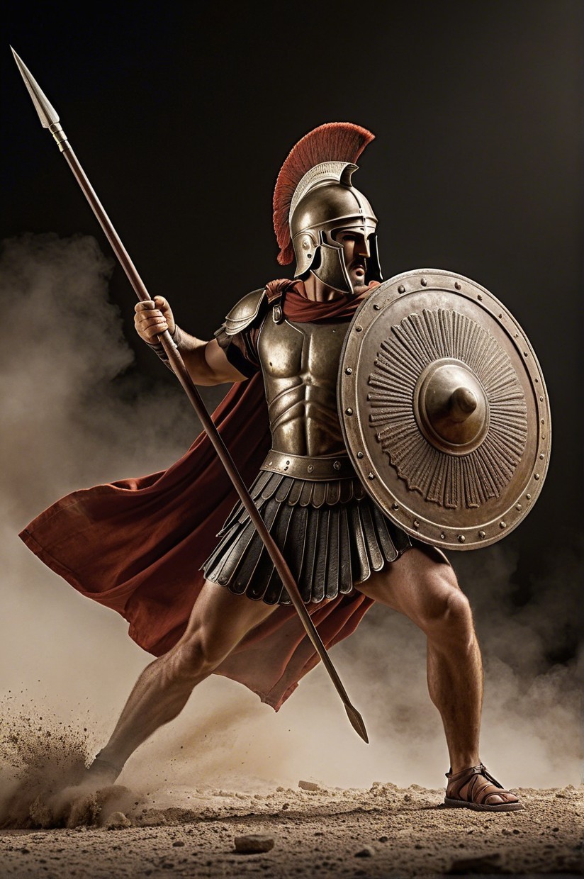 Muscular Warrior in Ancient Greek Armor with Shield and Spear