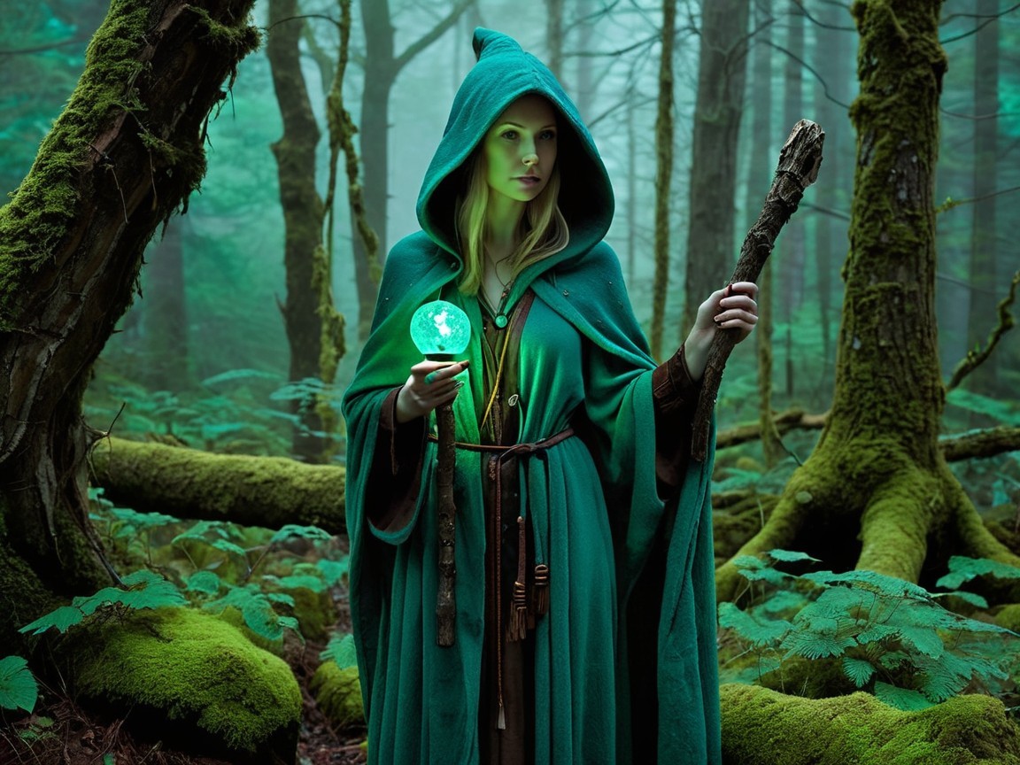 Mysterious figure in green cloak in enchanted forest