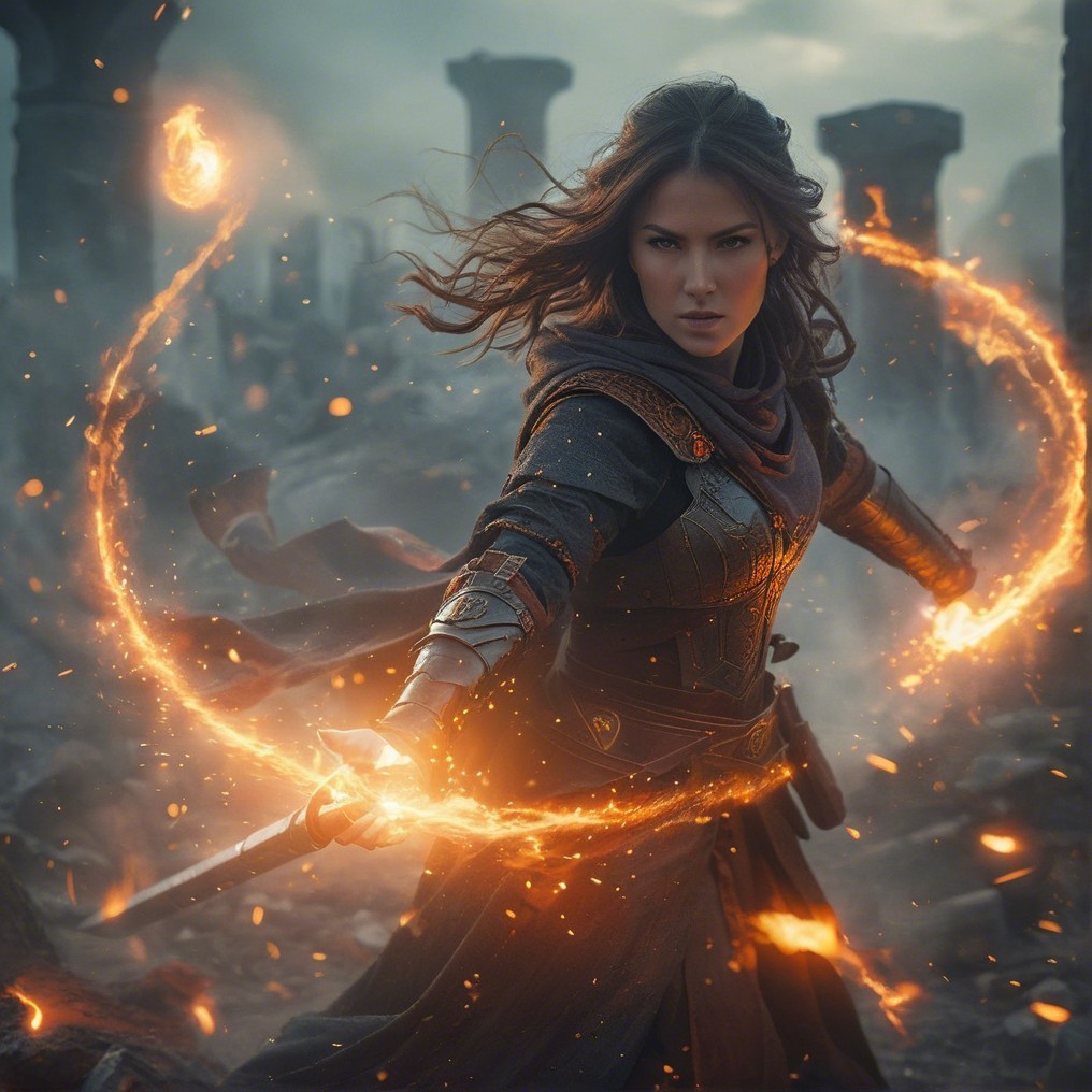 Fierce Warrior in Armor with Glowing Sword and Flames