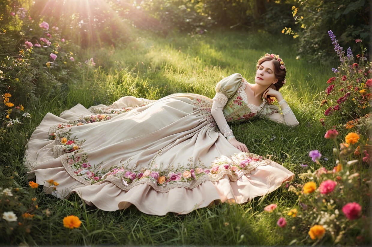 Elegant woman in vintage gown on green grass