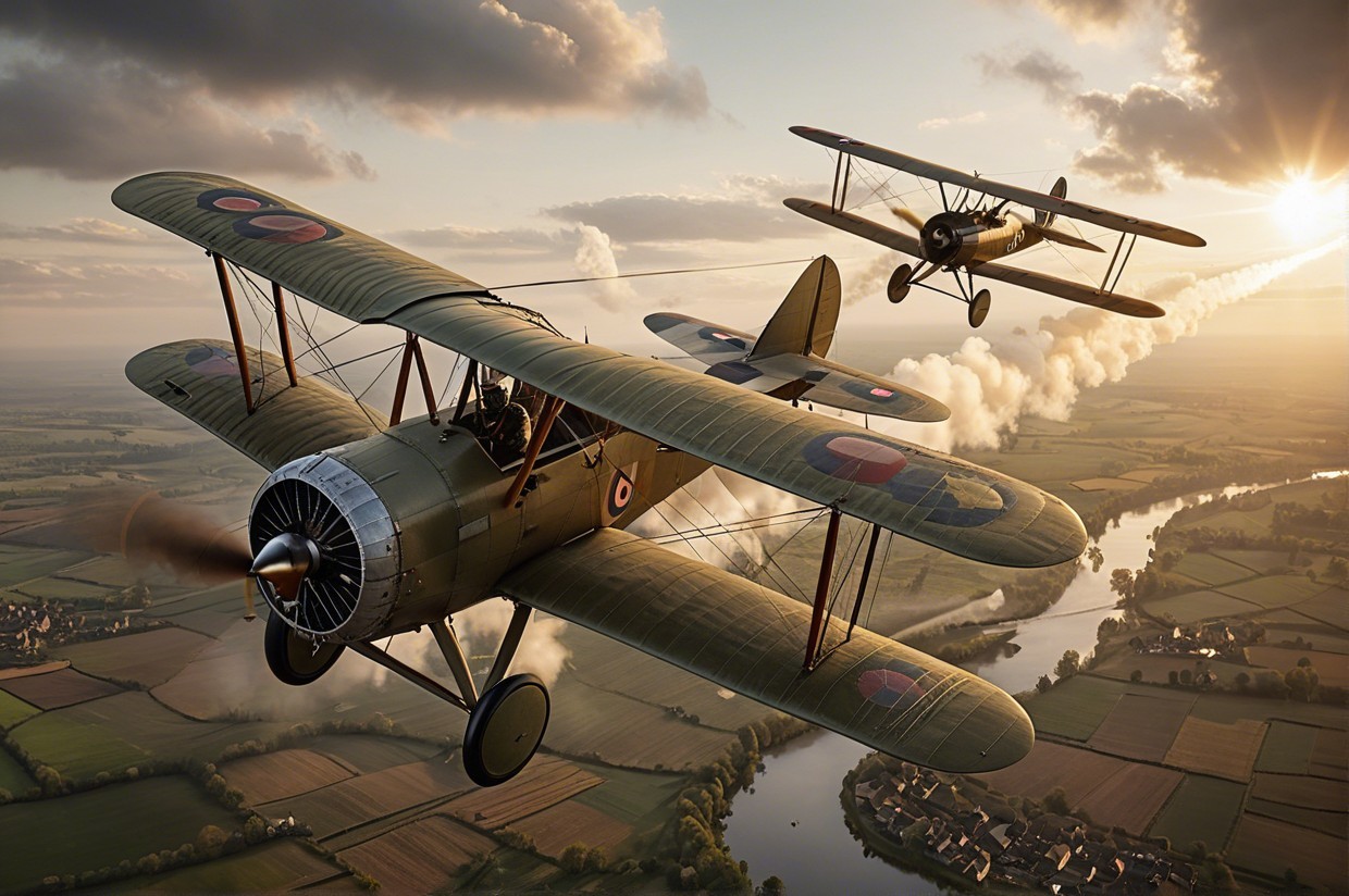 Vintage Biplanes Flying Over Sunset Landscape