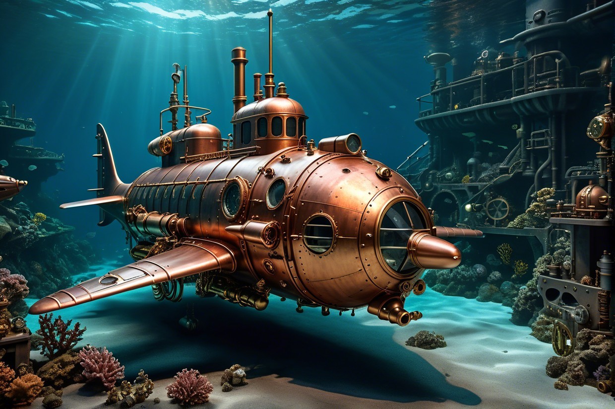 Steampunk Submarine on Ocean Floor with Coral Reefs