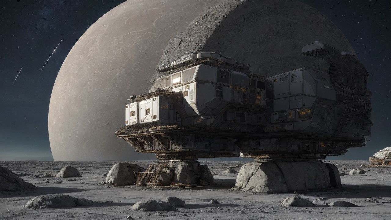 Futuristic spacecraft on rocky lunar surface at night