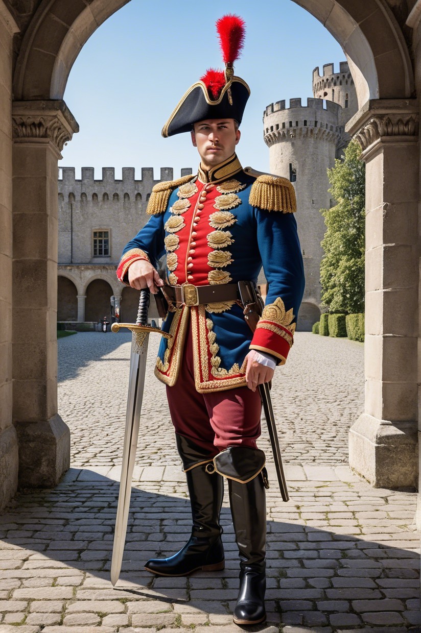 Regal Figure in Military Uniform at Castle Archway