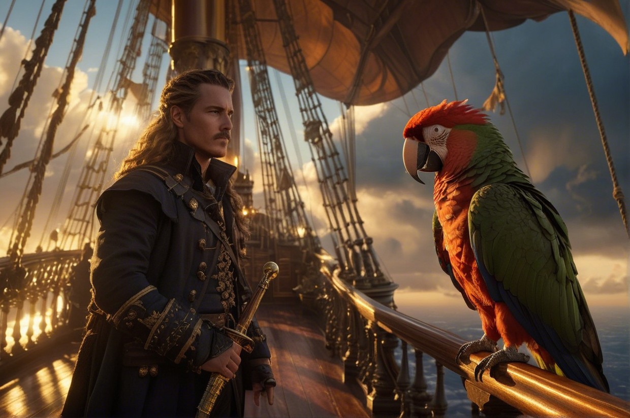 Rugged Pirate on Ship with Parrot at Sunset