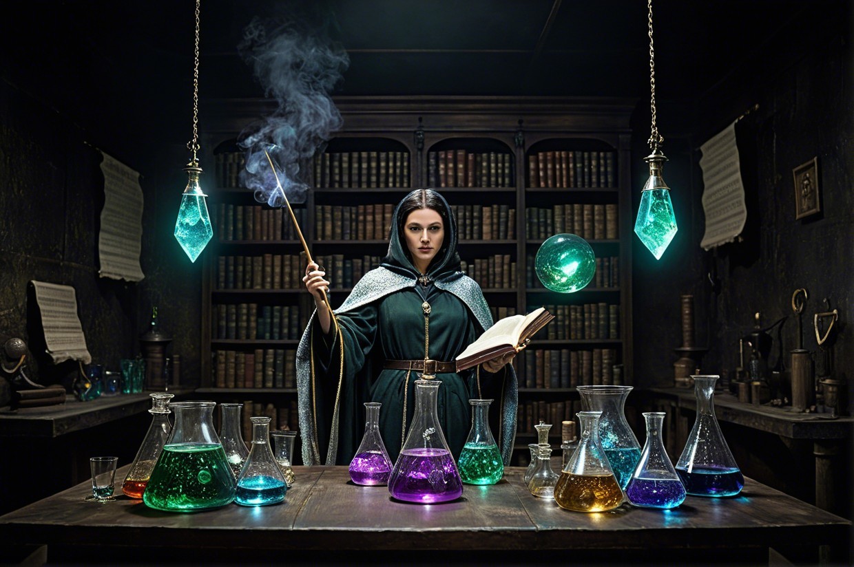 Alchemist's Lab with Colorful Potions and Mystical Glow
