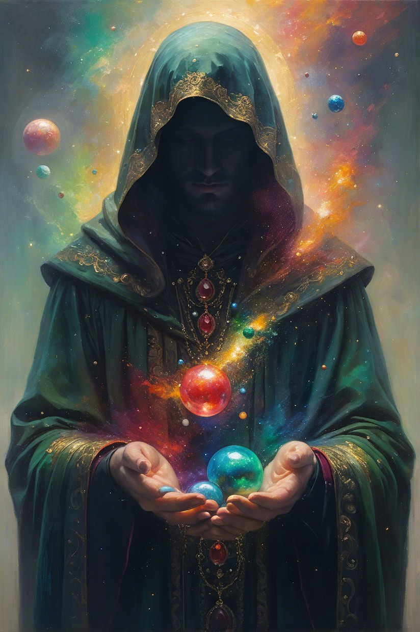 Cloaked Figure Surrounded by Cosmic Energy and Planets