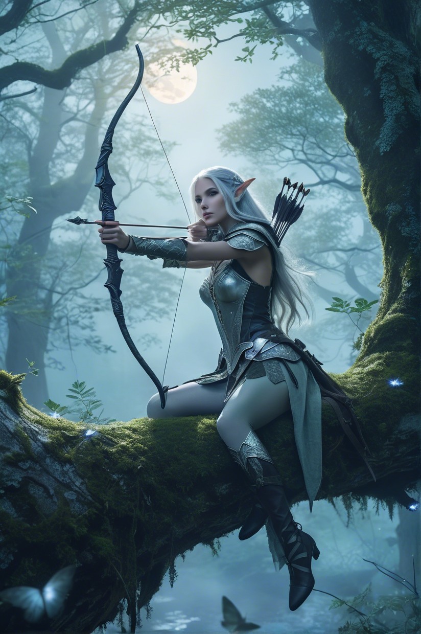 Mystical Elf with Bow in Enchanted Moonlit Forest