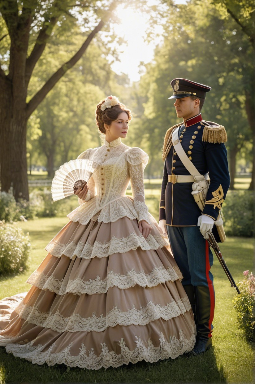 Woman in Lace Gown and Soldier in Military Uniform