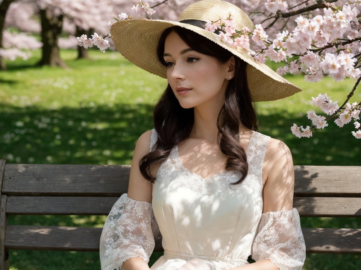 Young Woman in White Dress Among Cherry Blossoms