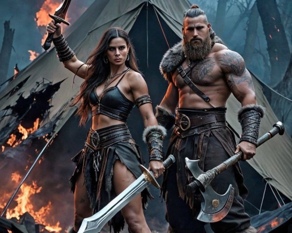 Warrior Couple in Front of Burning Tent and Trees