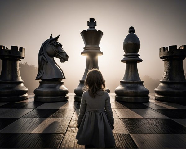 Child at a Giant Chessboard in Misty Landscape