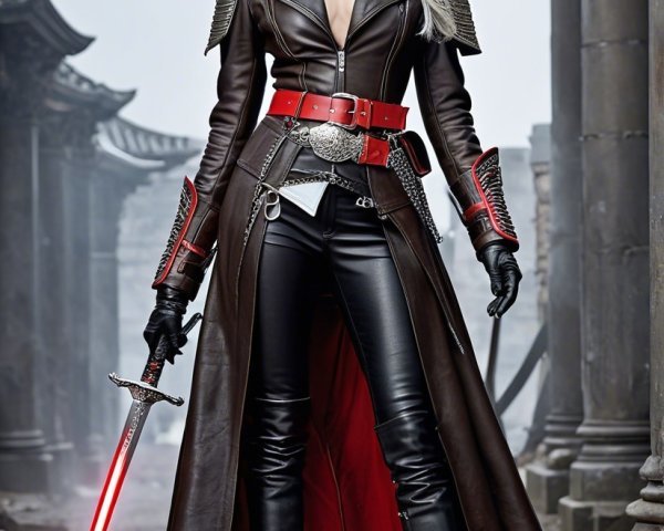 Fierce Figure in Post-Apocalyptic Setting with Sword