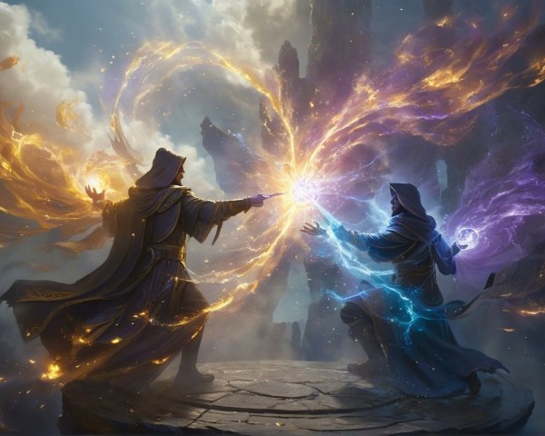 Robe-clad figures duel with magical flames and energy