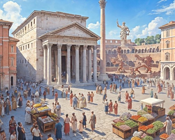 Ancient Roman Square with Market and Temple Features