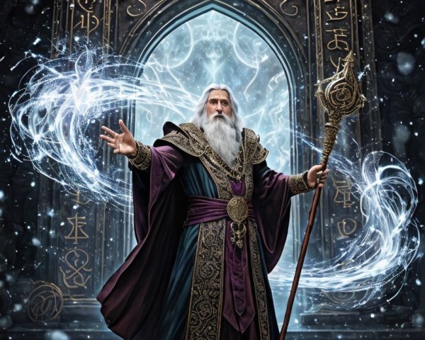 Majestic wizard by ornate mystical portal with staff