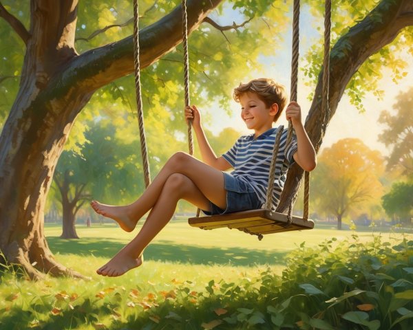 Young boy on swing in sunlit park setting
