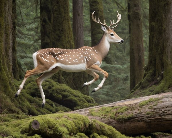 Deer Leaping Over Log in Lush Green Forest