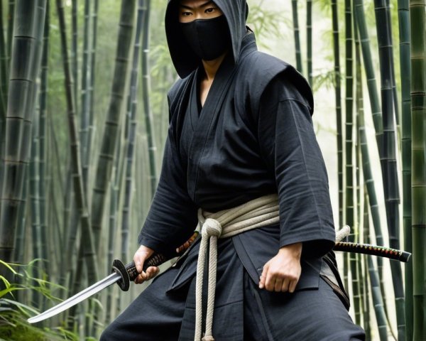 Cloaked Ninja in Bamboo Forest with Katana Ready