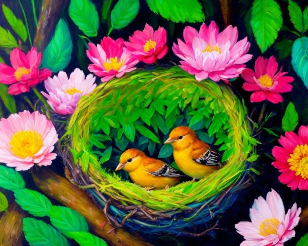 Cozy Nest with Yellow Birds Among Blossoming Flowers