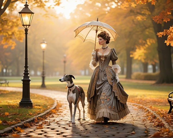 Victorian Woman in Autumn Park with Greyhound