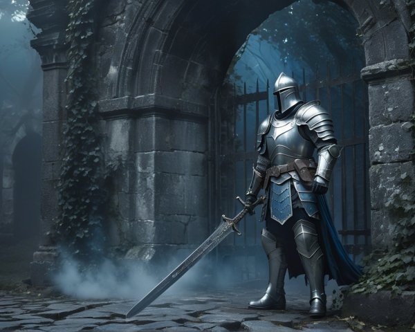 Knight in Armor in Misty Ancient Courtyard