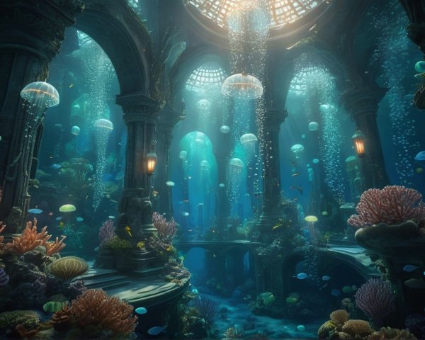Ancient Submerged City with Coral Reefs and Jellyfish