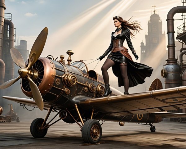 Steampunk Woman on Vintage Airplane in Dramatic Setting