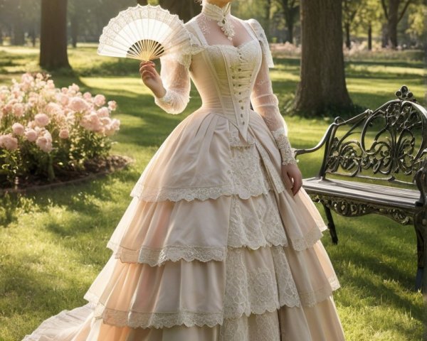 Elegant Woman in Layered Lace Gown in Sunlit Park