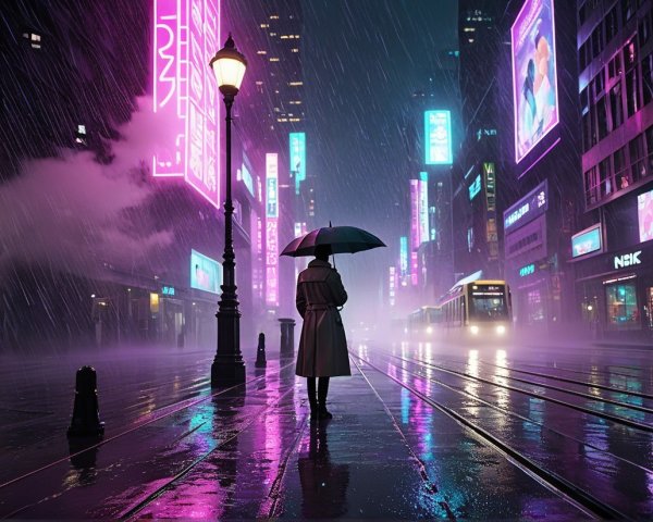 Solitary Figure in Futuristic Neon Cityscape